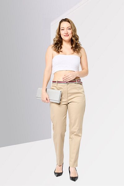 Tommy Hilfiger Women Regular Fit Solid Chino Pant With Belt, Khaki