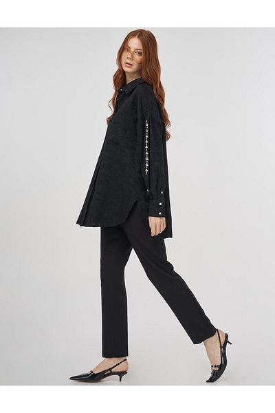 Kayra Viscose Tunic with Embroidery Detail Black