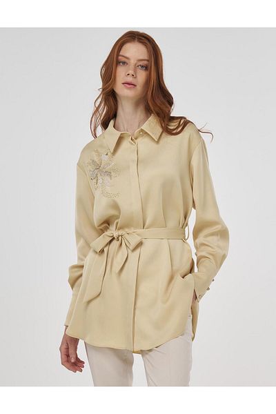 Kayra Satin Tunic with Embroidery Detail and Belt Light Yellow
