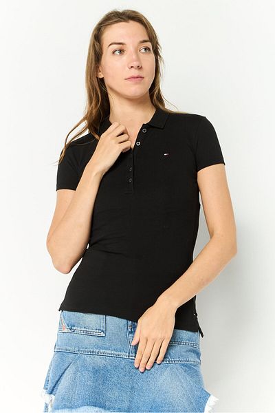 Tommy Hilfiger Women Spread Collar Short Sleeve Brand Logo Polo Shirt, Black
