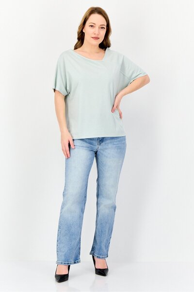 Giordano Women Asymmetrical Neck Short Sleeve Plain T-Shirt, Mint Green