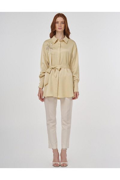 Kayra Satin Tunic with Embroidery Detail and Belt Light Yellow