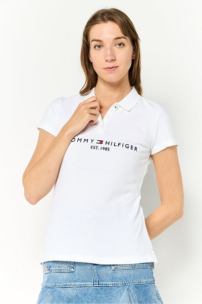 Tommy Hilfiger Women Spread Collar Short Sleeve Embroidered Logo Polo Shirt, White