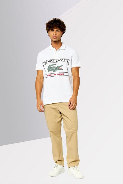 Lacoste Men Regular Fit Brand Logo Short Sleeves Polo Shirt, White