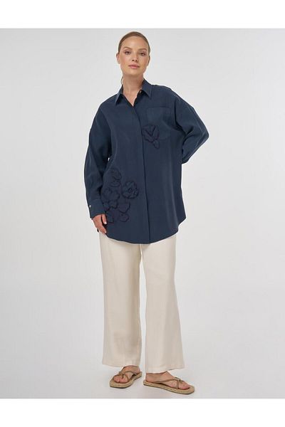 Kayra Embroidery Appliqued Modal Tunic Dark Navy Blue