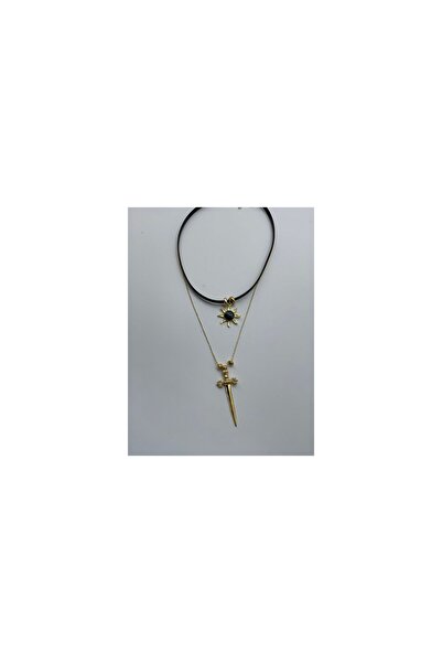 CHIC SİYAH İPLİ GOLD GÜNEŞ FİGÜRLÜ TASMA VE GOLD ZİNCİRLİ KILIC 2'Lİ KOLYE SET