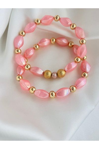COCOSH TAKI Pink Beaded Gold Detailed Multi-Combination Bracelet