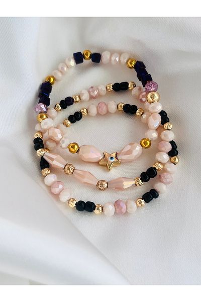 COCOSH TAKI Purple and Black Color Detailed Multi-Combination Bracelet with Pink Crystal Stone Star Charm