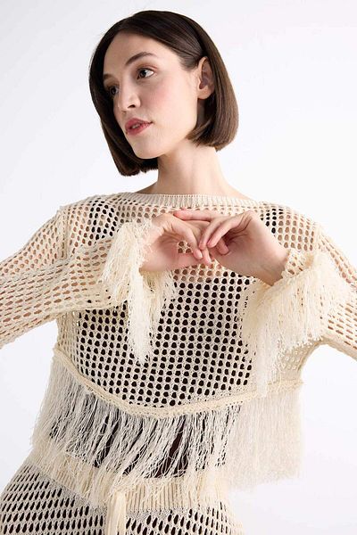 DeFacto Boat Neck Tassel Detail Long Sleeve Crochet Beach Top F7465Ax25Hs