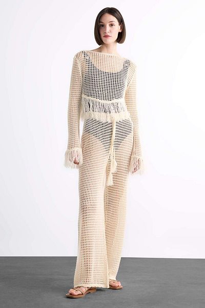 DeFacto Boat Neck Tassel Detail Long Sleeve Crochet Beach Top F7465Ax25Hs