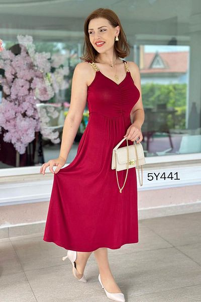 İnce Topuk Crystal Fabric Dress with Chain Strap 5Y441