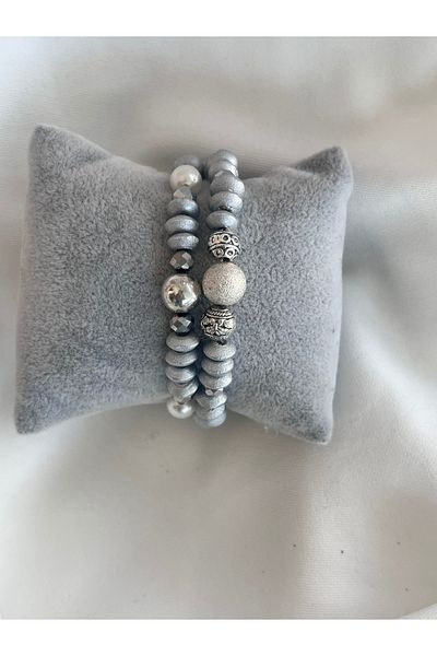 COCOSH TAKI Silver Color Wooden Bead Pearl Detailed Multi Combination Bracelet