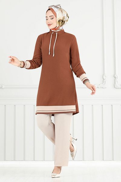 ModaMerve Rib Detail Hijab Set 2688Sl890-M Taba&Taş