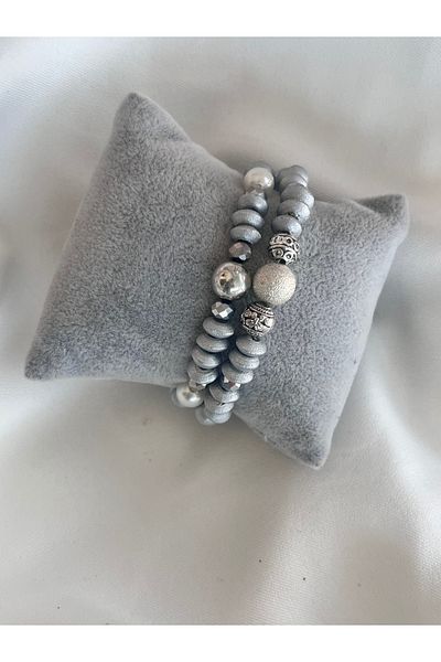 COCOSH TAKI Silver Color Wooden Bead Pearl Detailed Multi Combination Bracelet
