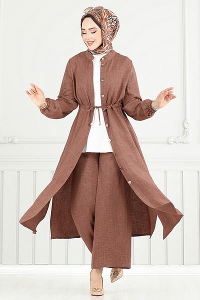 ModaMerve Front Button Sofia Suit 9154Pl940-M Tan