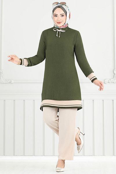 ModaMerve Rib Detail Hijab Set 2688Sl890-M Khaki&Stone