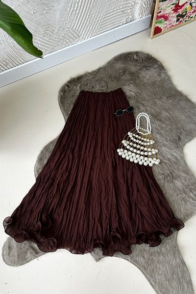 Poliyance Rana Bitter Brown Wrinkled Flounce Skirt