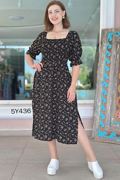 İnce Topuk Gipeli Slit Detailed Viscose Dress 5Y436