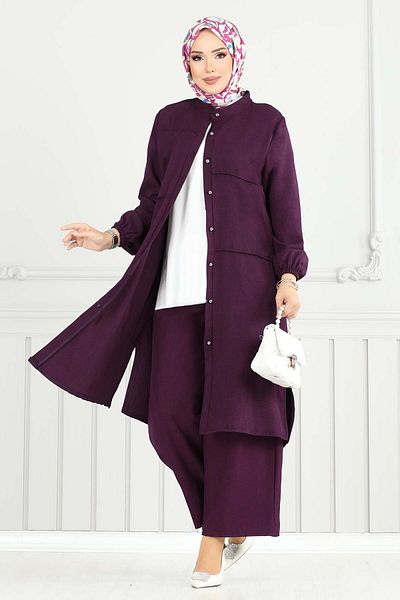 ModaMerve Front Button Hijab Suit 3114Hbs932-M Plum