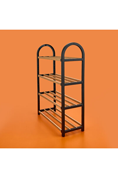 WISEM Ahşap Çubuklu 4 Katlı Masif Ayakkabılık - Siyah - 63x62x18 cm