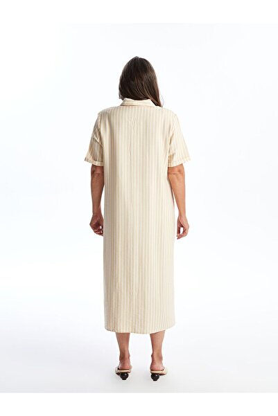 LC Waikiki Γυναικείο πουκάμισο μπεζ ριγέ κοντομάνικο φόρεμα