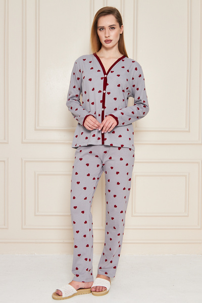 JADİYA Red Heart Gray Pajama Set