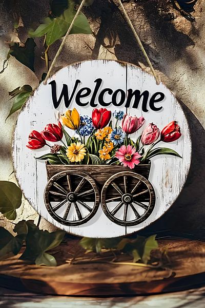 kutuTR Mdf "Welcome" Door Panel with Daisy Pattern – 20 cm 🌿   Wooden Look Decor Ks004