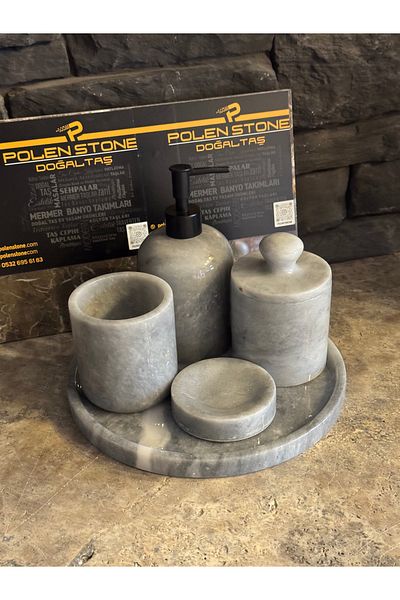 Polen Stone 🛁   Polen Stone Gray Marble 5 Piece Bathroom Set