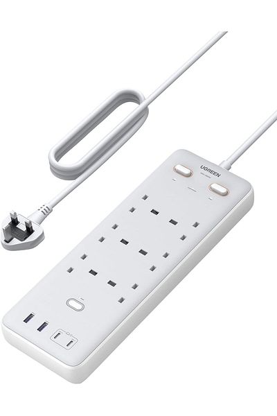 Ugreen سلك تمديد 65 واط 10 في 1 مع 4 فتحات USB، وشريط طاقة واقي من زيادة التيار