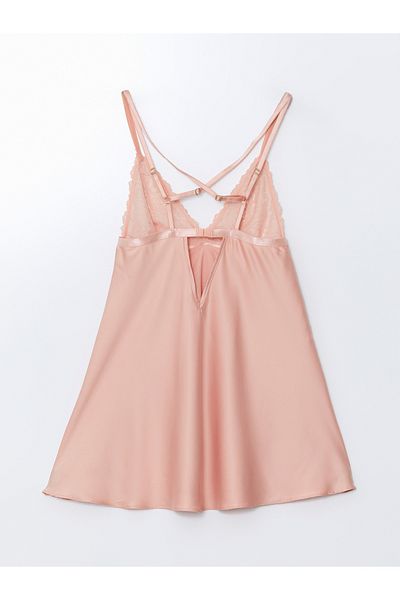 LC Waikiki Ausgefallenes Damen-Nachthemd aus Satin mit V-Ausschnitt und Spitzendetail