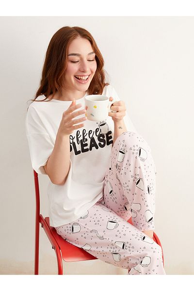 LC Waikiki Petite Damen-Pyjama-Set mit Rundhalsausschnitt und Print