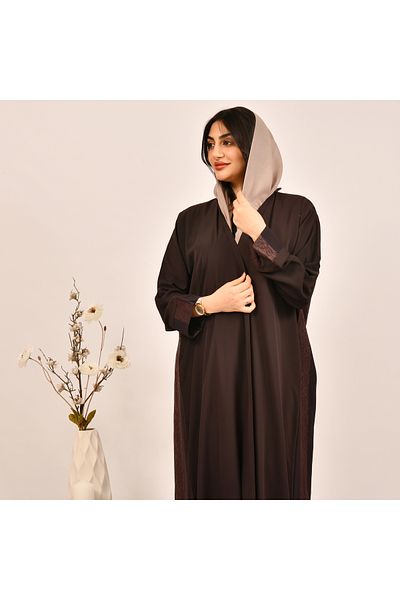 Beyond Brown wrap abaya with summer jacquard overlay on the back of the abaya and sleeves