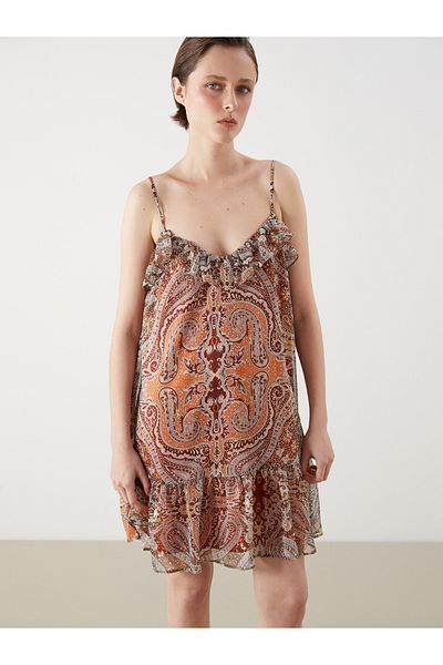 LC Waikiki Μίνι φόρεμα με βολάν V λαιμόκοψη Ethnic Print