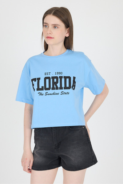 Rays Μπλουζάκι με μπλε κείμενο 100% βαμβακερό Crop T-shirt 9188M