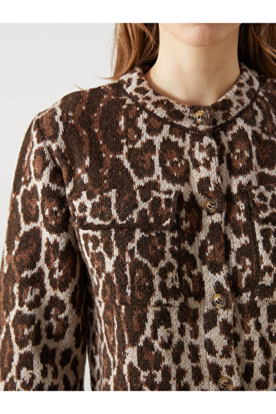 LC Waikiki Crew Neck Leopard Patterned Women's Knitwear Cardigan