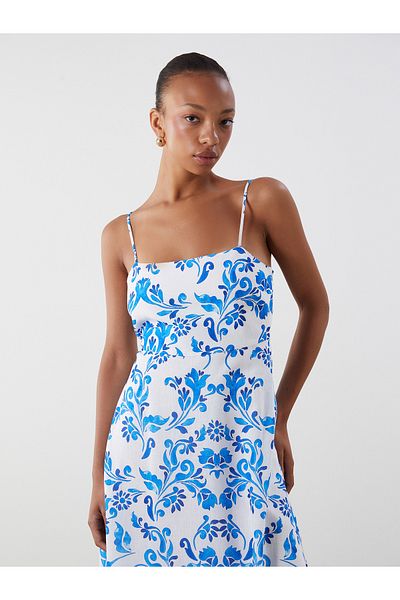 LC Waikiki Rochie cu aspect de in, cu guler pătrat, cu bretele florale