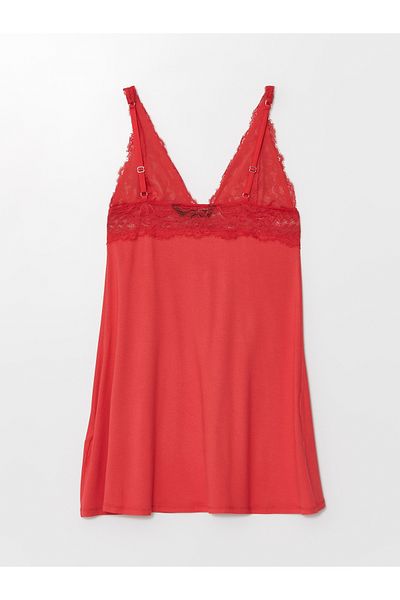 LC Waikiki Women's Fancy Nightdress with V-Neck Lace Detail and Strap