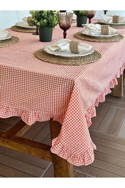 Decamor home Thin Linen Orange Gingham Ruffled Tablecloth (Napkin Not Included)