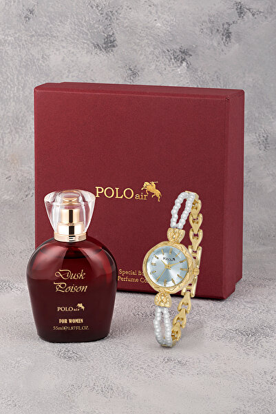 Polo Air İnci Taşlı Görünümlü Kordon Kadın Kol Saati Parfüm Bordo Kutsunda Set Gold Mavi Renk ST-2174S8