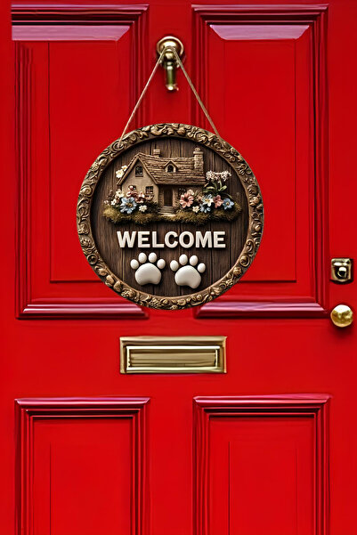 kutuTR 🐾 WELCOME – Pati İzi ve Bahçeli Ev Temalı UV BASKI 3D GÖRÜNÜMLÜ MDF Kapı Süsü 🌸 KS006