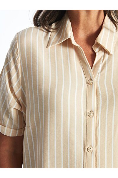 LC Waikiki Γυναικείο πουκάμισο μπεζ ριγέ κοντομάνικο φόρεμα