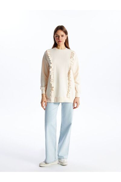 LC Waikiki Ecru guler rotund Tunica de damă cu mânecă lungă brodată tricou