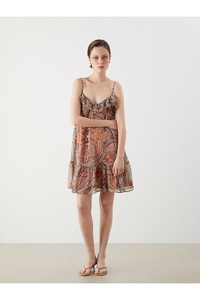 LC Waikiki Μίνι φόρεμα με βολάν V λαιμόκοψη Ethnic Print