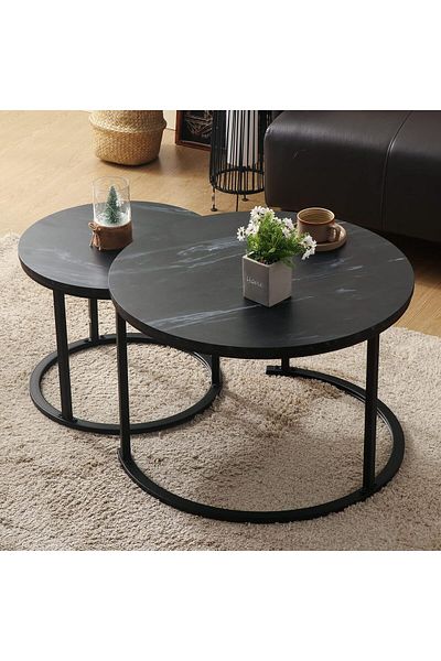 Generic Small Round Nesting Coffee Table 27" Wood and Metal Stacking Coffee Tables for Compact Spaces, Black