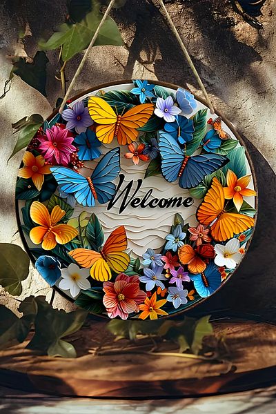 kutuTR 🦋   Colorful Welcome: 3D Looking Butterfly Patterned Mdf Door Ornament (20 cm) Ks007