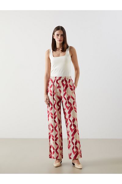 LC Waikiki Patterned Wide Leg Women's Trousers with Elastic Waist