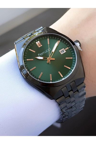 Ferrucci Men's Green Dial Metal Band Calendar Wrist Watch