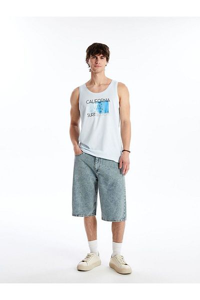 LC Waikiki Blue Crew Neck Printed Combed Cotton Men's Sleeveless T-Shirt