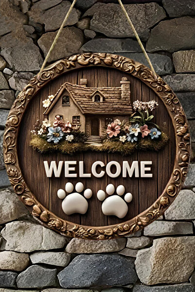 kutuTR 🐾 WELCOME – Pati İzi ve Bahçeli Ev Temalı UV BASKI 3D GÖRÜNÜMLÜ MDF Kapı Süsü 🌸 KS006