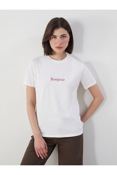 LC Waikiki Γυναικείο μπλουζάκι Crew Neck Bonjour με στάμπα